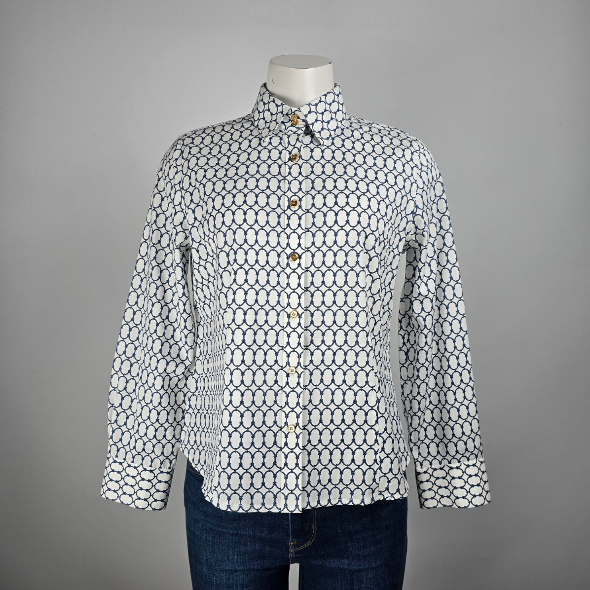 Talbots Petites White Chain Print Cotton Button Up Blouse Top Size 8p