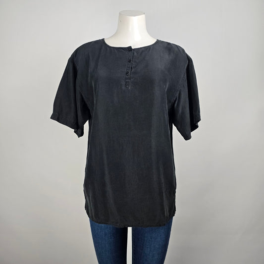Vintage Clovelly Black Silk Short Sleeve Blouse Top Size L