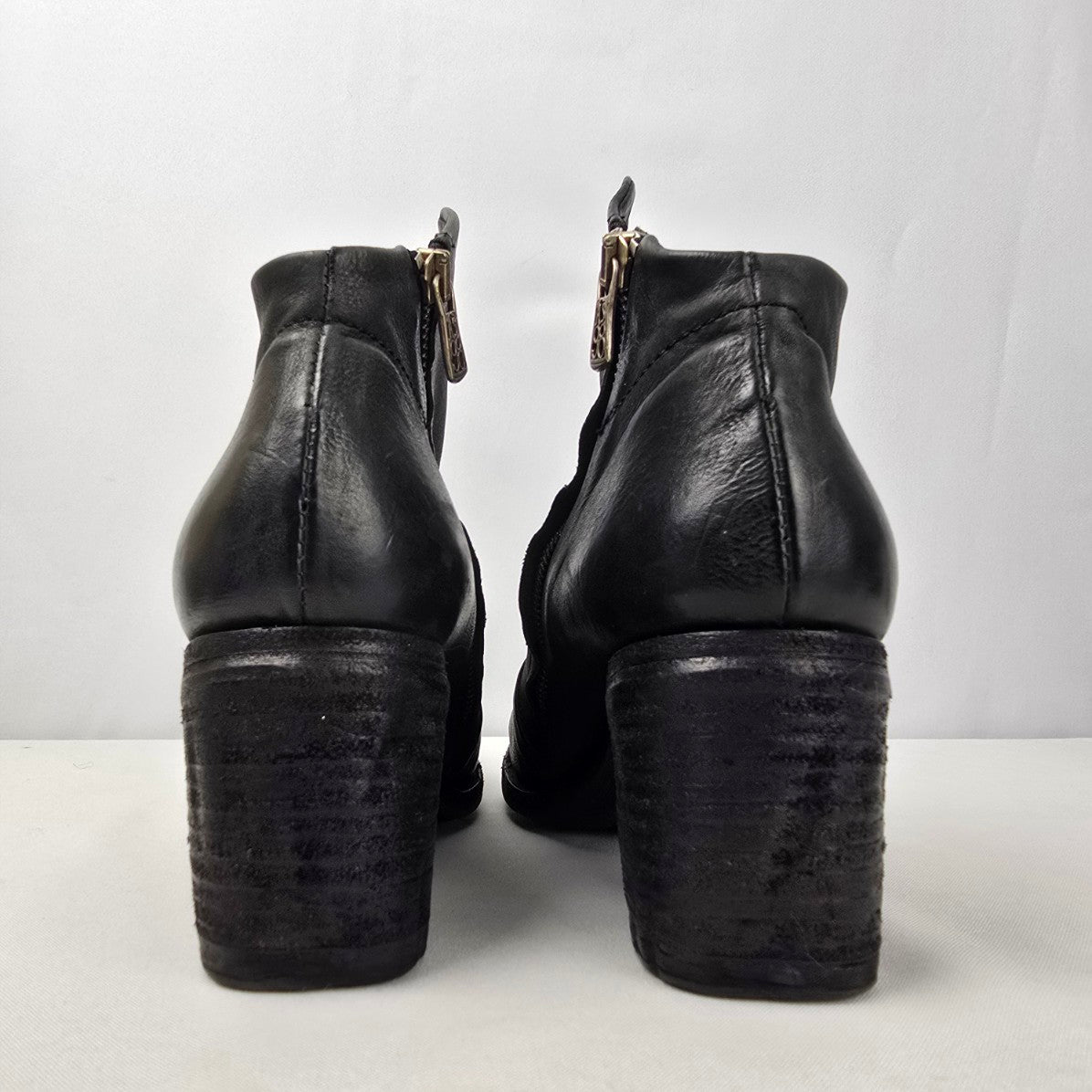 AS98 Black Leather Chunky Heel Ankle Boots Size 11