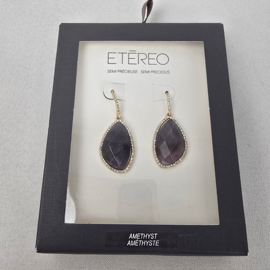 Etereo Gold Tone Semi Precious Faceted Amethyst Drop Earrings