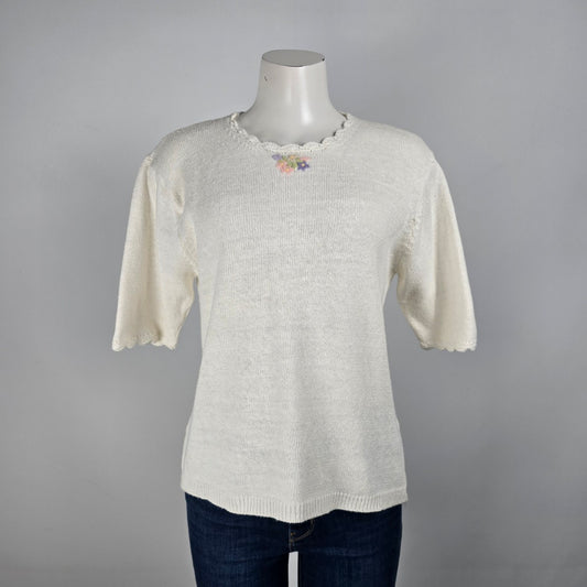 Vintage Sears Cream Floral Embroidered Short Sleeve Knit Sweater Size 12