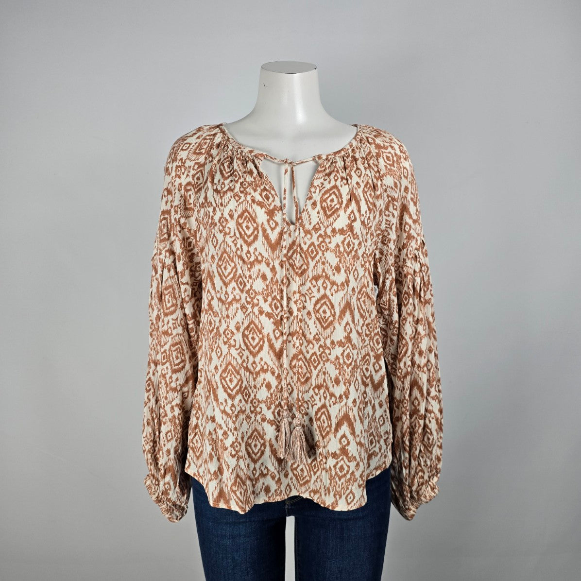 Dex Brown Aztec Print Peasant Blouse Size M