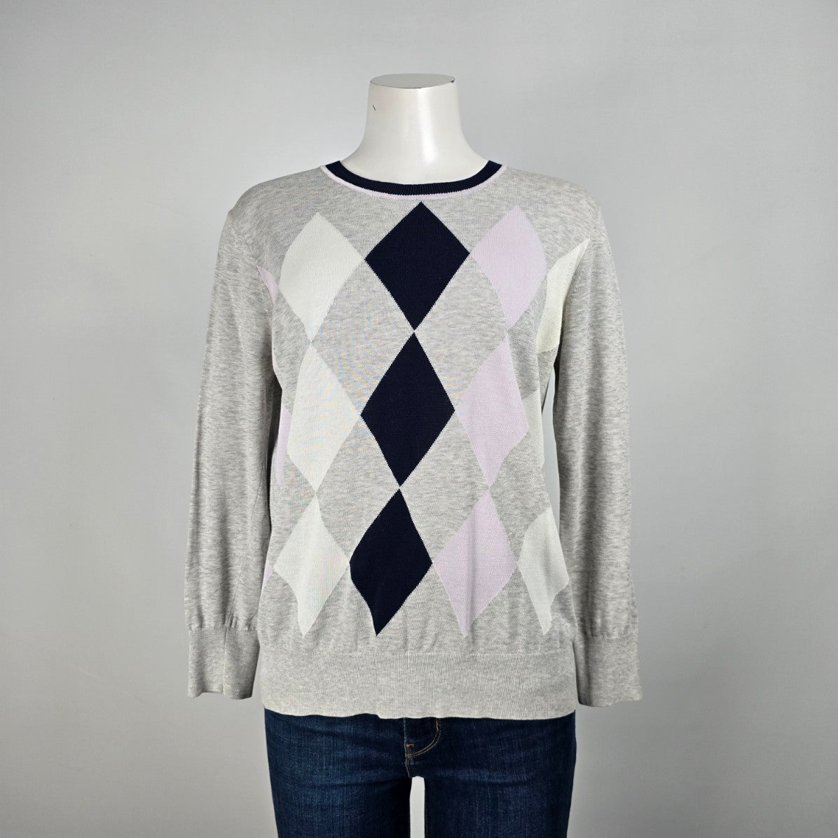 J. Crew Grey Cotton Argyle Print Knit Sweater Size M