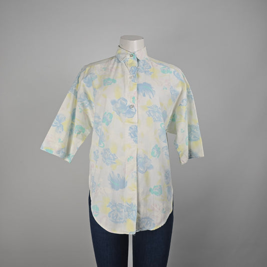 Vintage Sky Path Floral Button Up Short Sleeve Blouse Size L
