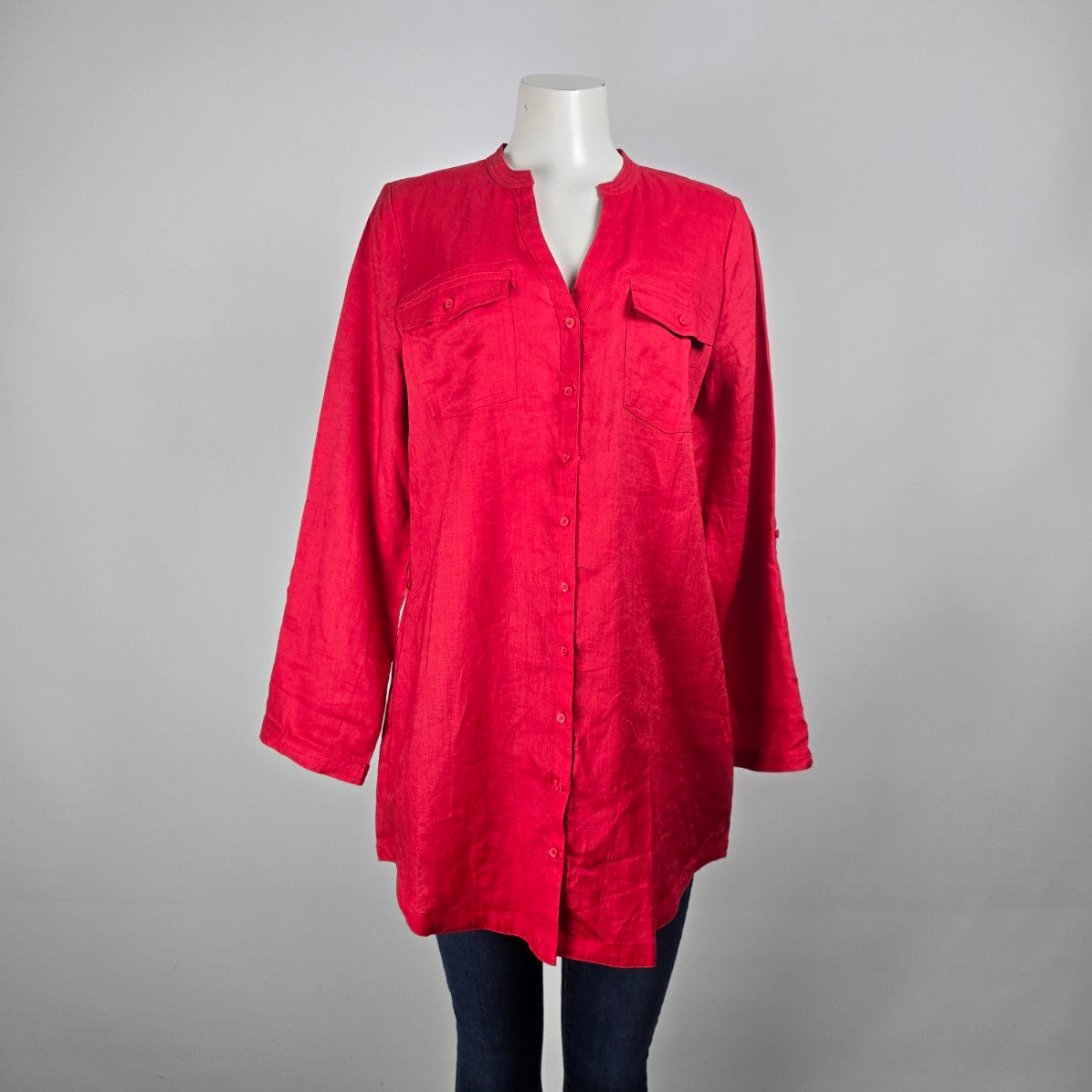 Lady Hathaway Red Linen Button Up Blouse Top Size L