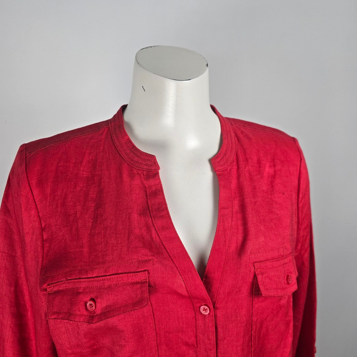 Lady Hathaway Red Linen Button Up Blouse Top Size L