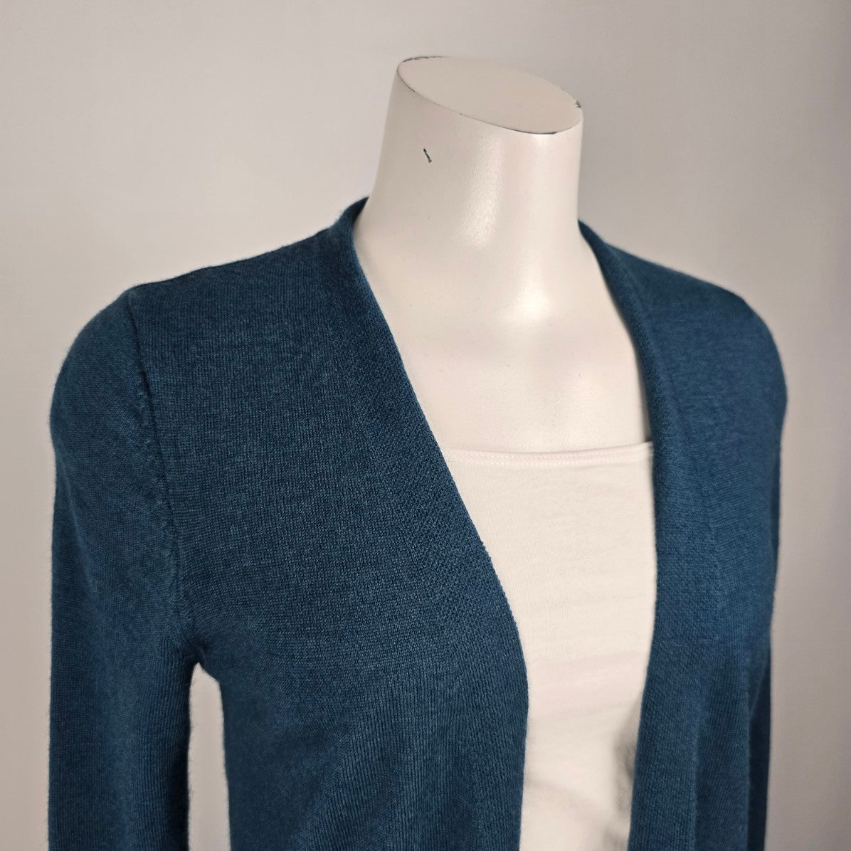Tahari Teal Merino Wool Knit Long Line Cardigan Size S