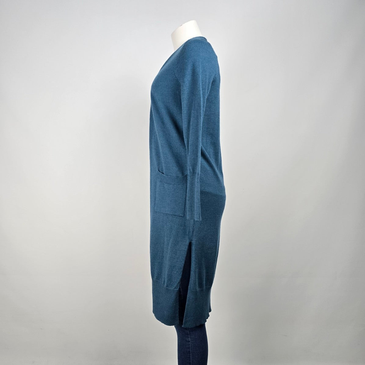 Tahari Teal Merino Wool Knit Long Line Cardigan Size S