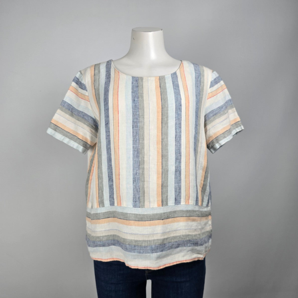 White & Blue Stripped Linen Short Sleeve Blouse Top Size M/L