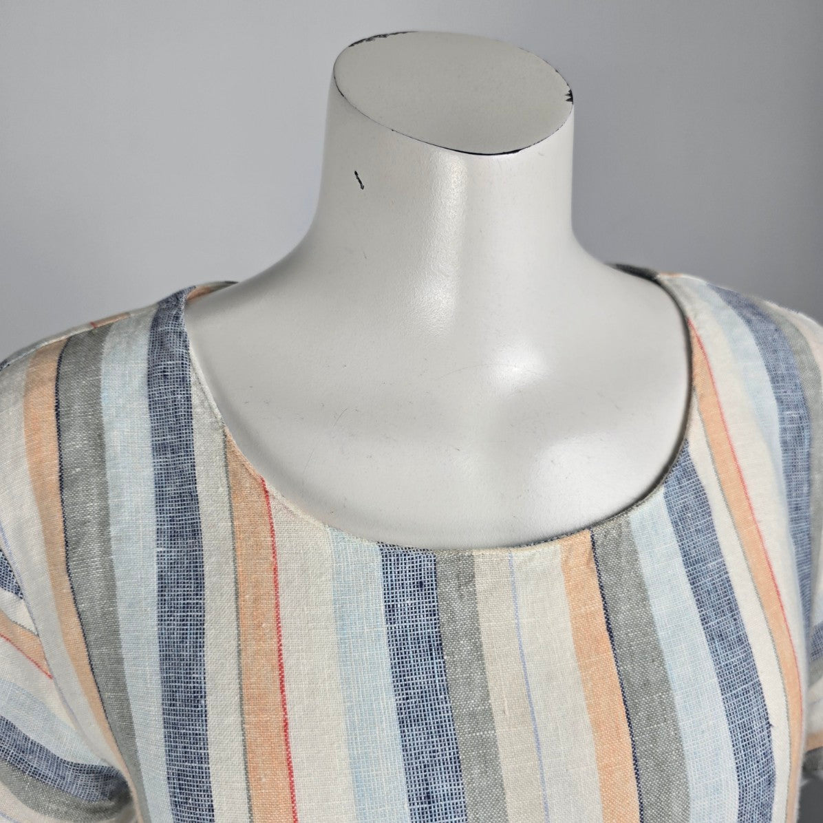 White & Blue Stripped Linen Short Sleeve Blouse Top Size M/L