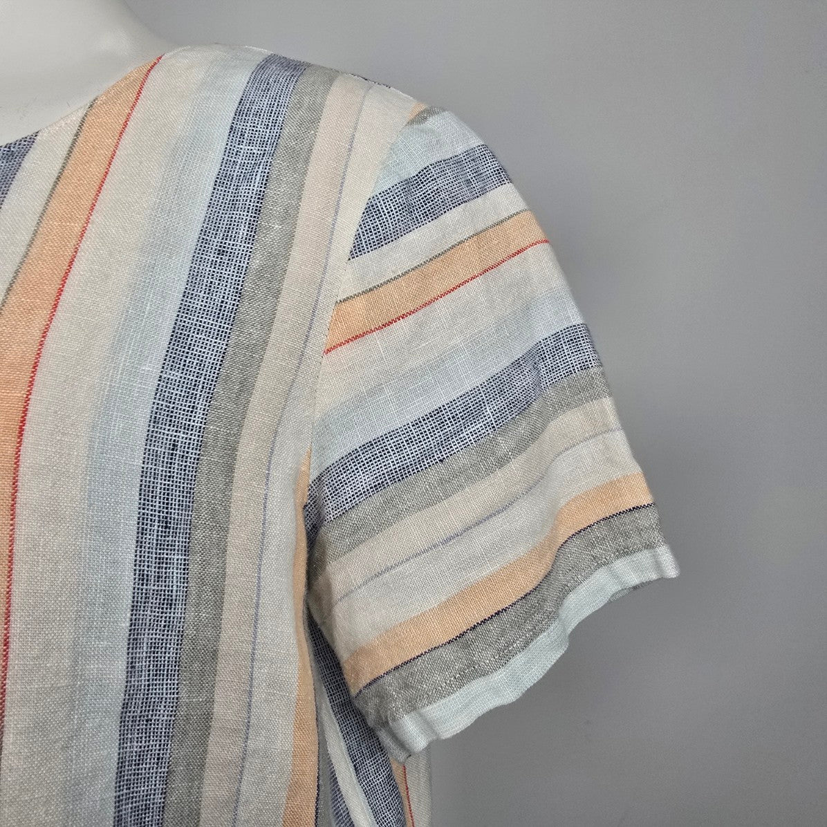 White & Blue Stripped Linen Short Sleeve Blouse Top Size M/L