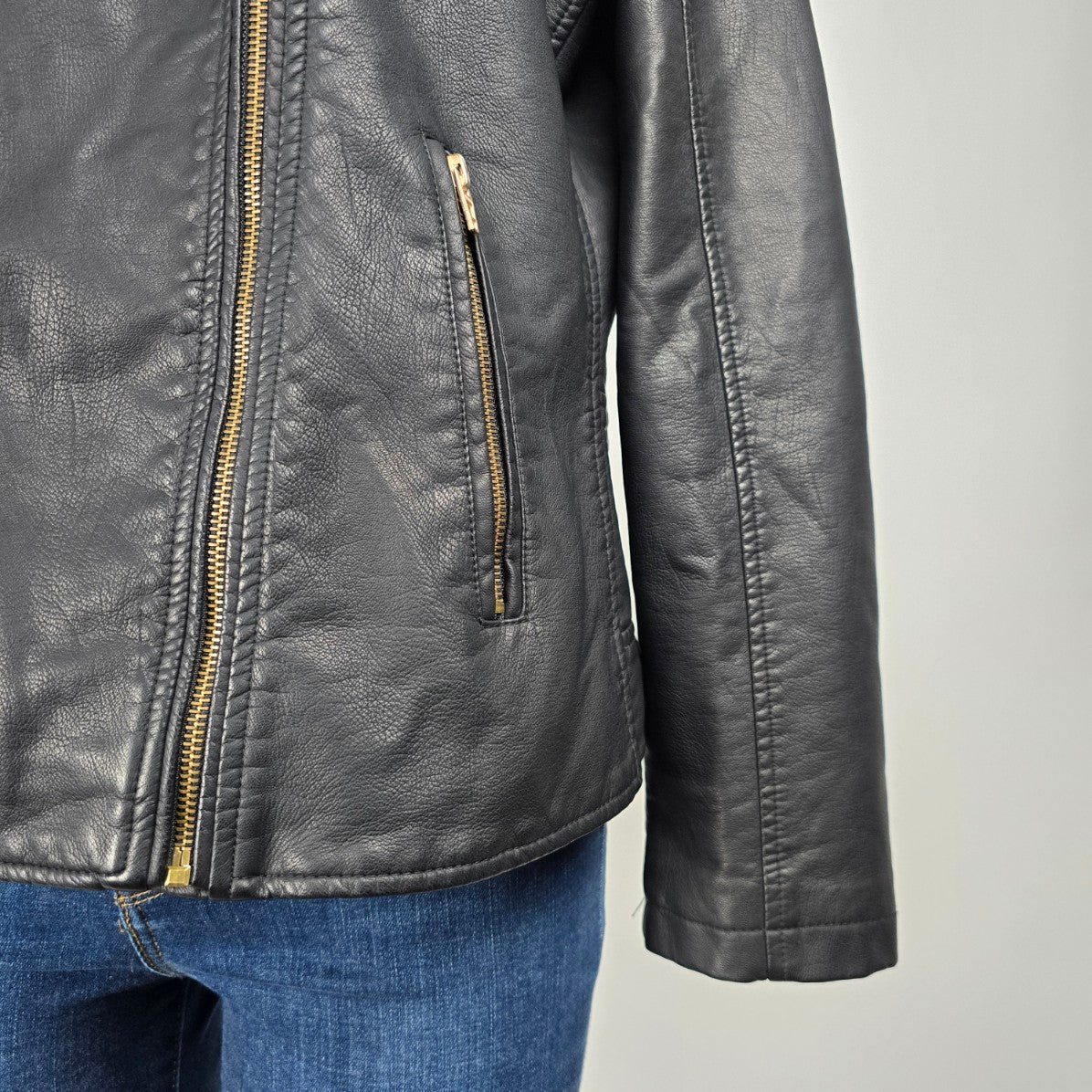 Cleo Black Vegan Leather Moto Jacket Size L
