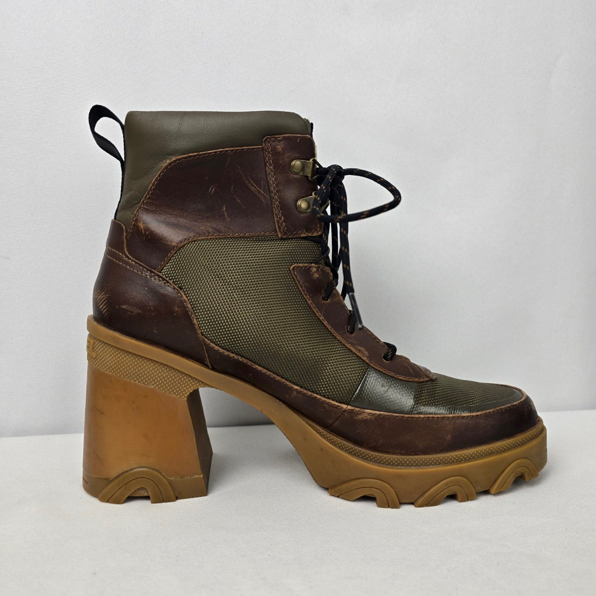 Sorel Brown Leather Brex Chunky Heel Lace Up Ankle Boots Size 11