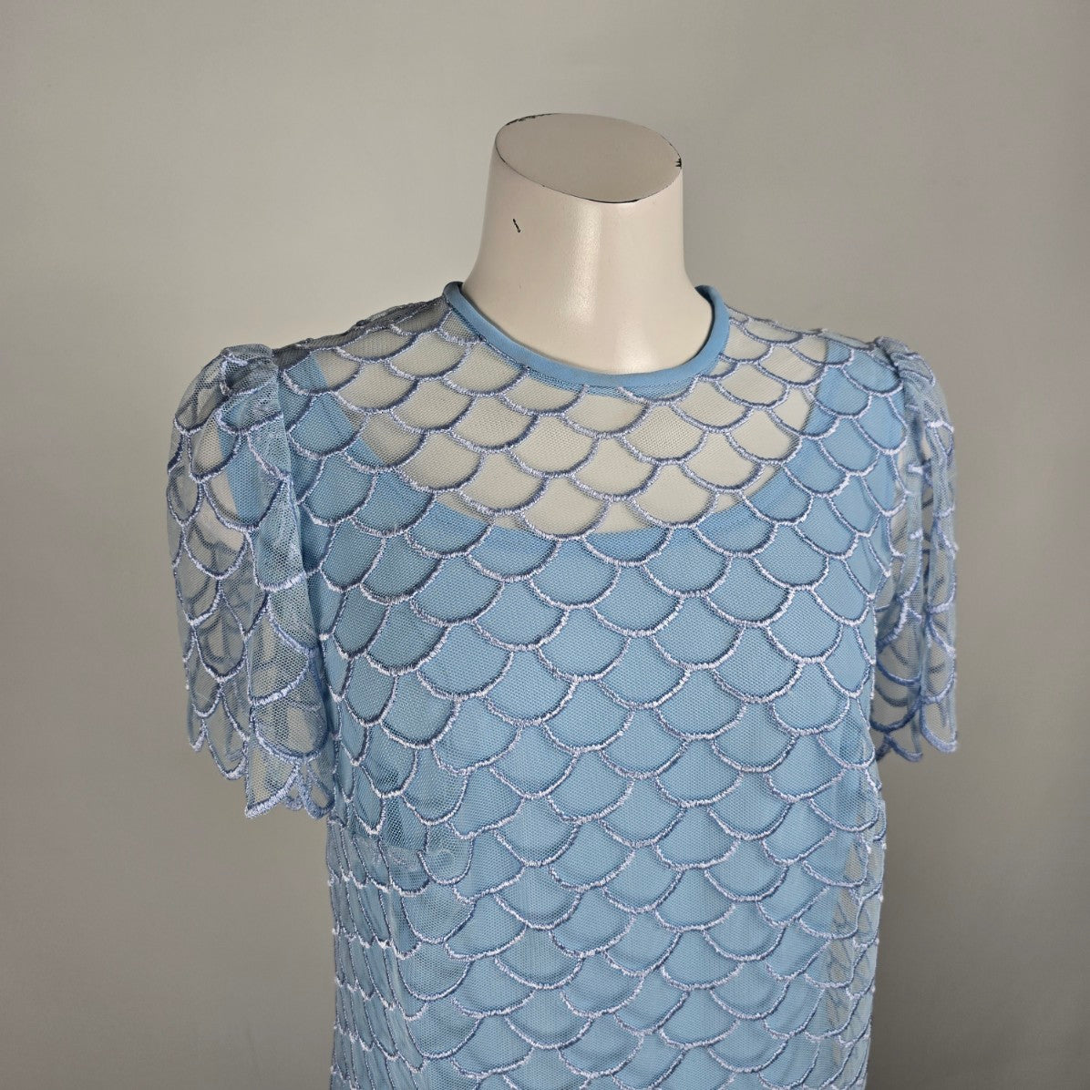 Vintage Blue Sheer Overlay Scalloped Midi Dress Size M