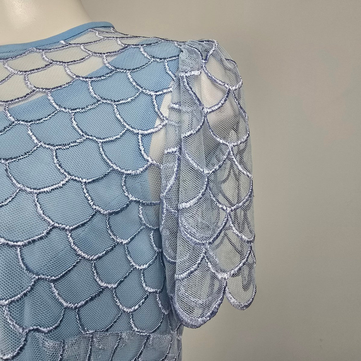 Vintage Blue Sheer Overlay Scalloped Midi Dress Size M