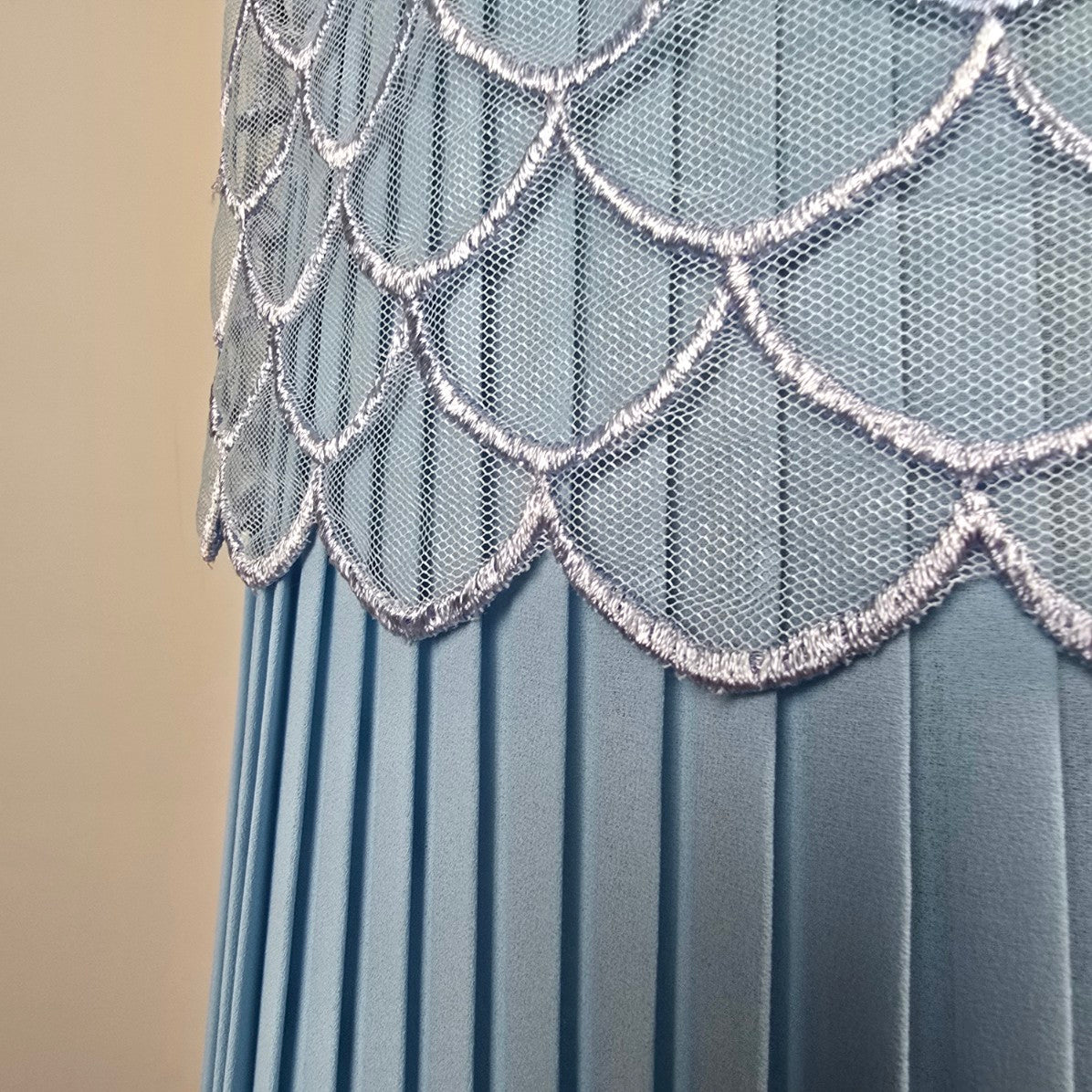 Vintage Blue Sheer Overlay Scalloped Midi Dress Size M