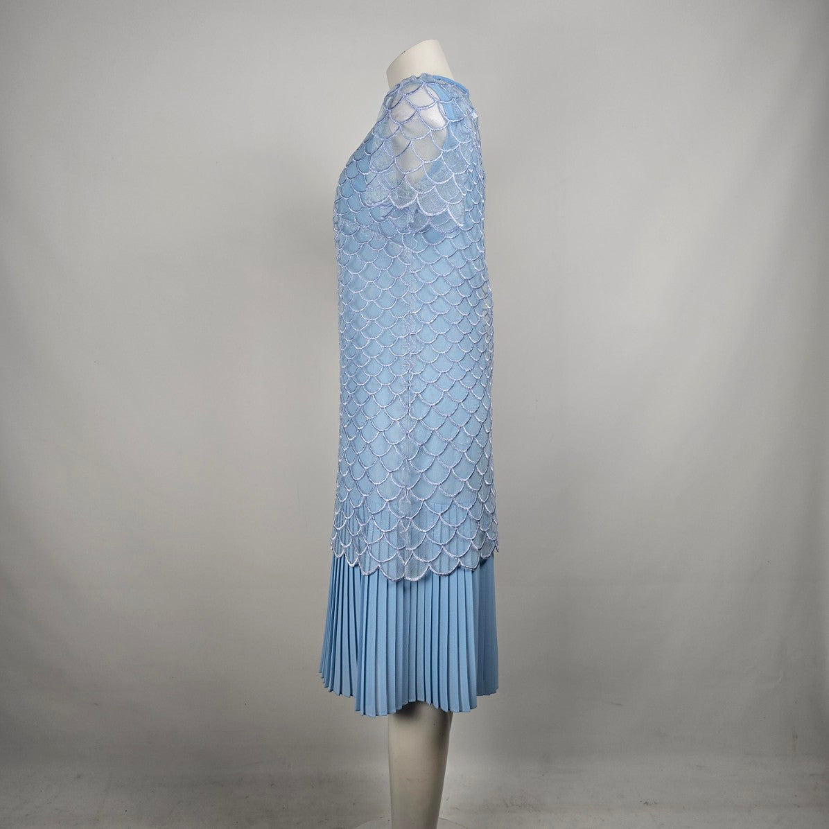 Vintage Blue Sheer Overlay Scalloped Midi Dress Size M