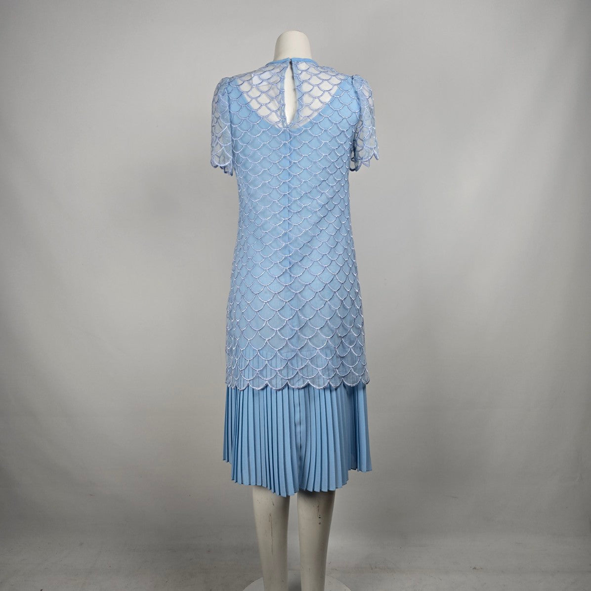 Vintage Blue Sheer Overlay Scalloped Midi Dress Size M