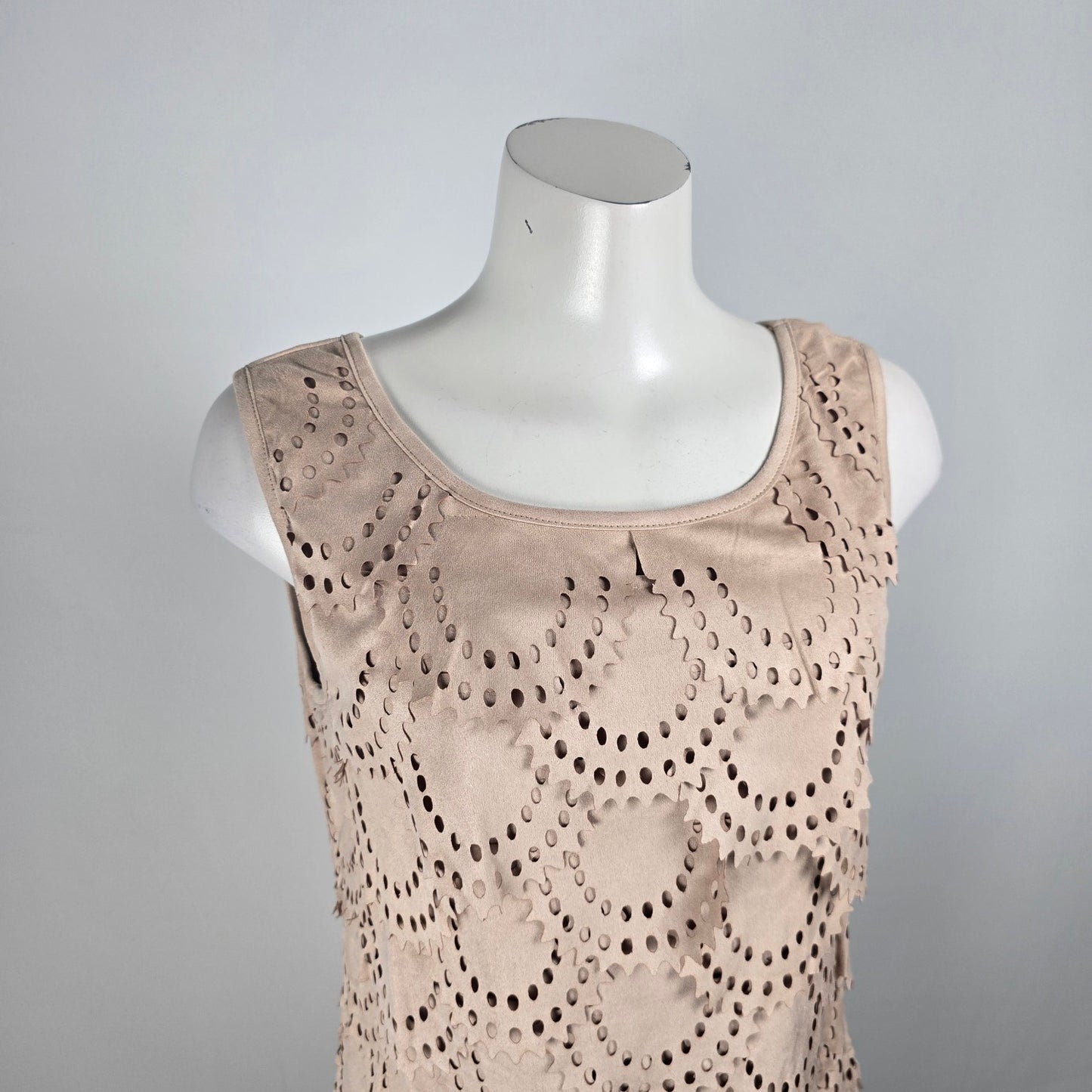 Tata Jolie Cream Faux Suede Laser Cut Scalloped Mini Dress Size L
