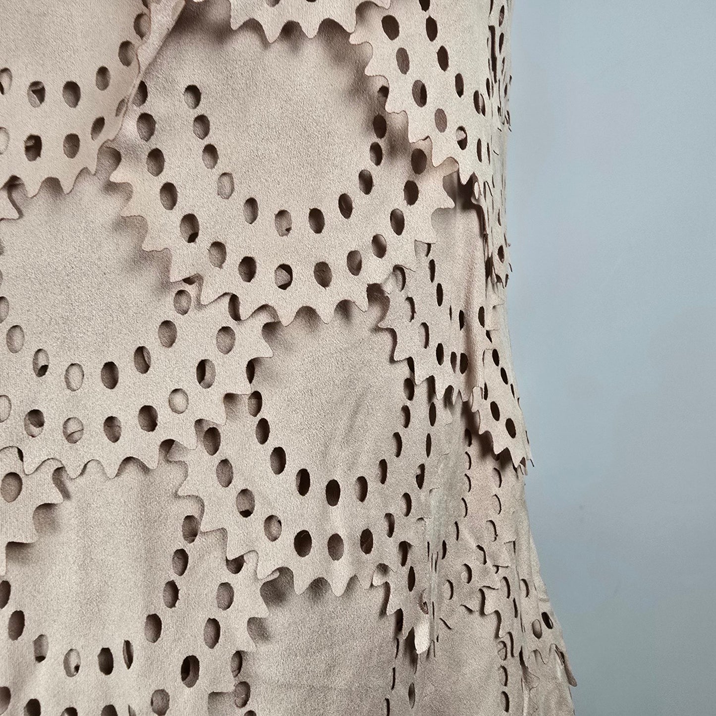 Tata Jolie Cream Faux Suede Laser Cut Scalloped Mini Dress Size L