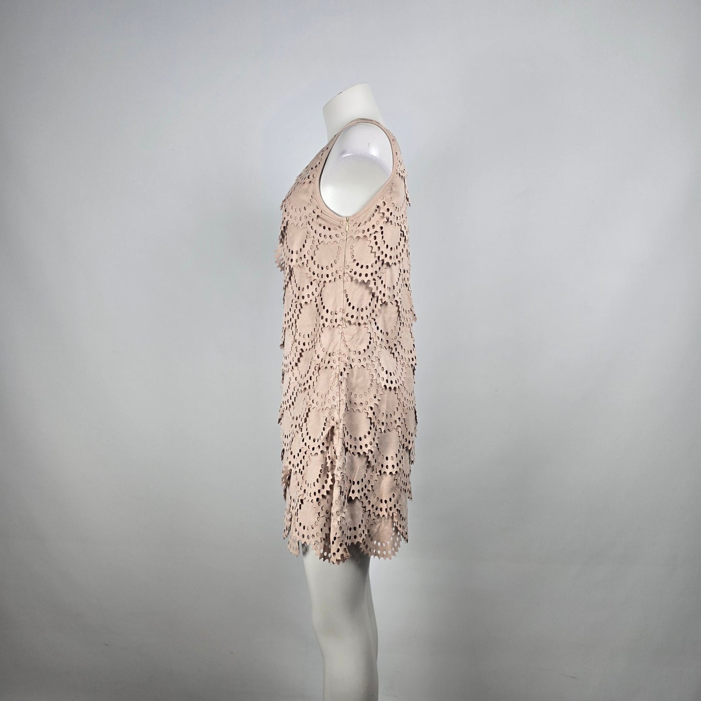 Tata Jolie Cream Faux Suede Laser Cut Scalloped Mini Dress Size L