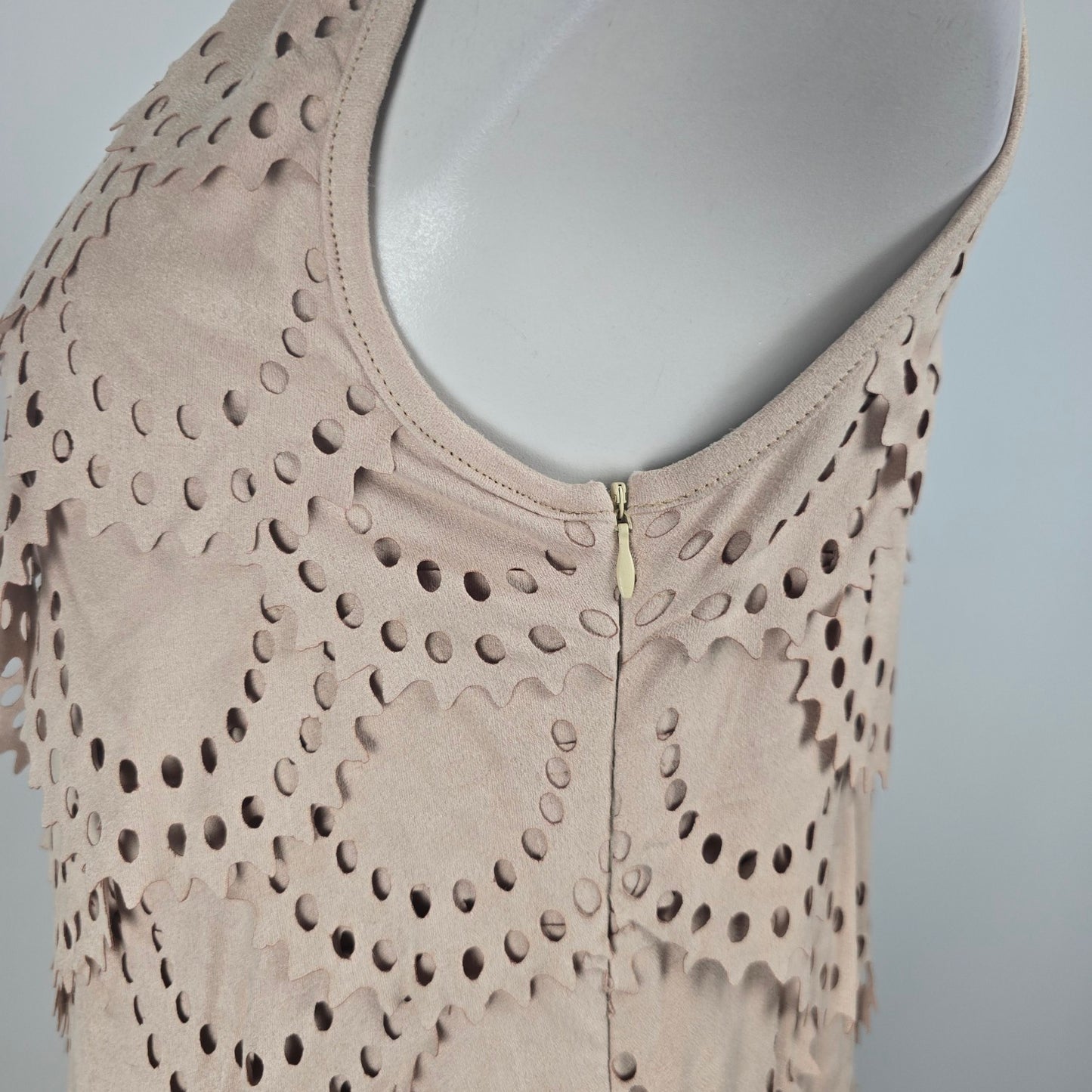 Tata Jolie Cream Faux Suede Laser Cut Scalloped Mini Dress Size L