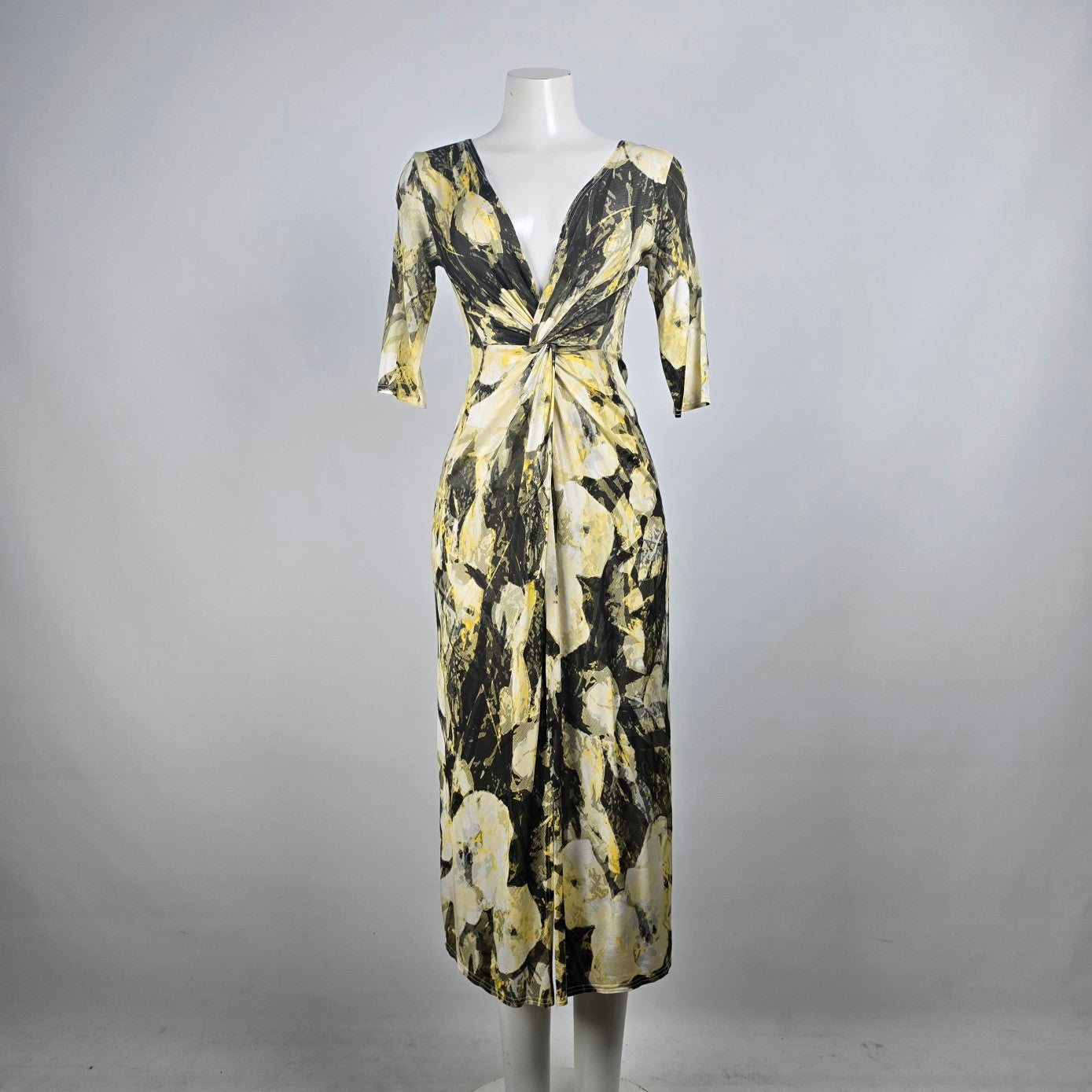 Linda Lundstrom Yellow & Black Deep V Midi Dress Size S