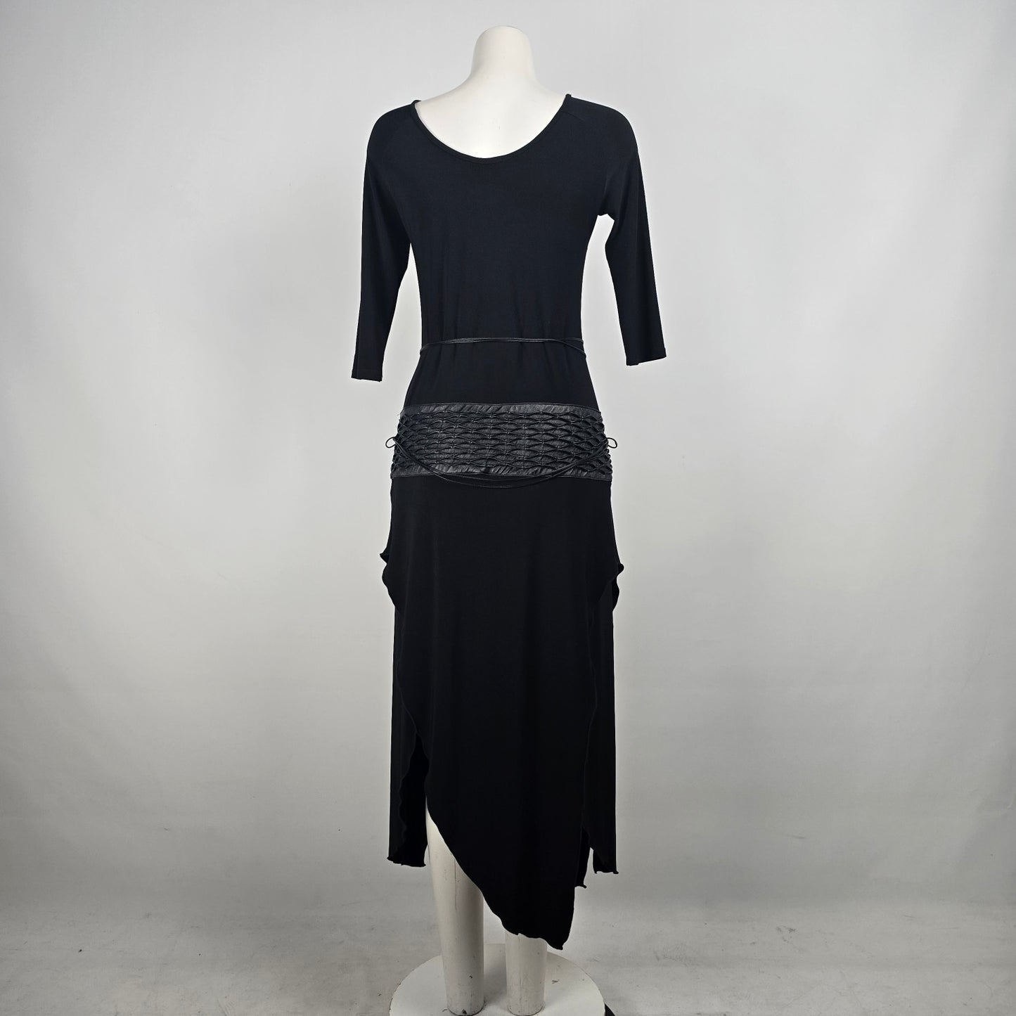 Joseph Ribkoff Black Faux Leather Detail Asymmetrical Midi Dress Size 8
