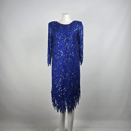 Vintage Scala Blue Sequined Beaded Evening Dress Size M