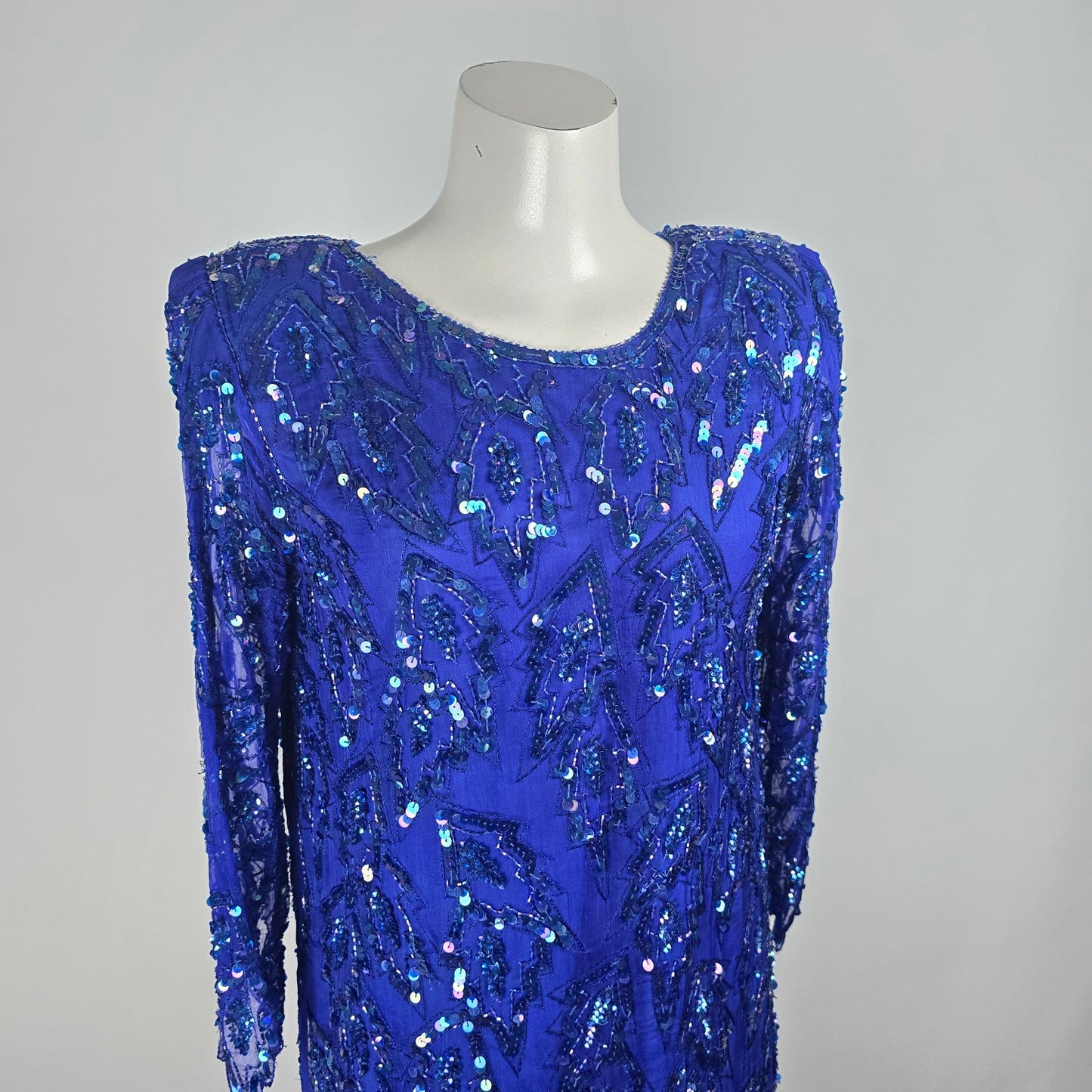 Vintage Scala Blue Sequined Beaded Evening Dress Size M