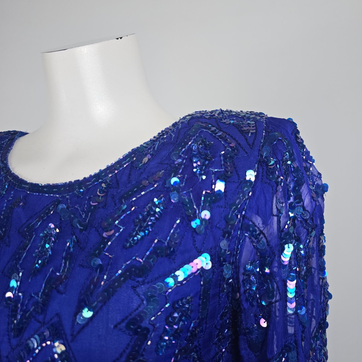 Vintage Scala Blue Sequined Beaded Evening Dress Size M