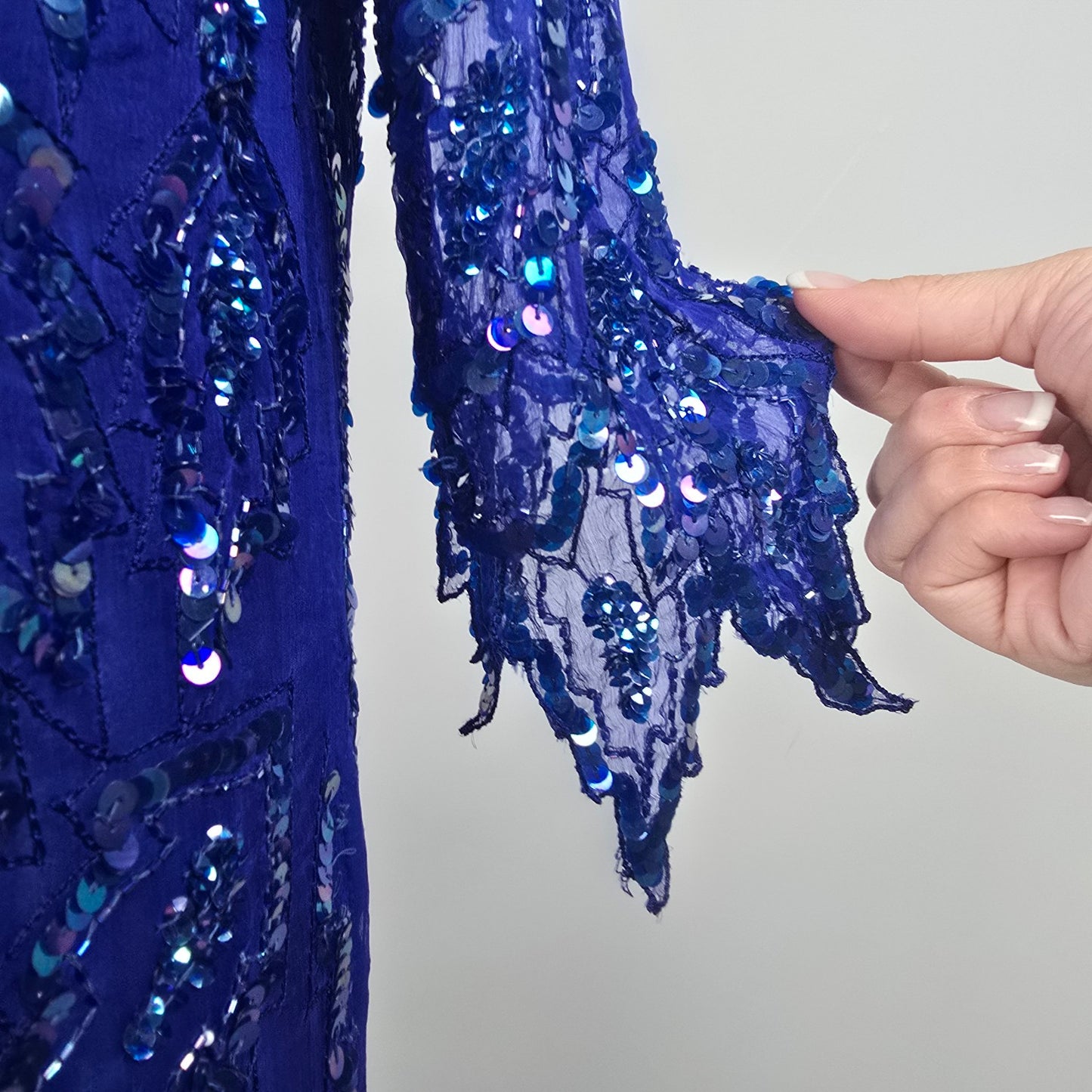 Vintage Scala Blue Sequined Beaded Evening Dress Size M