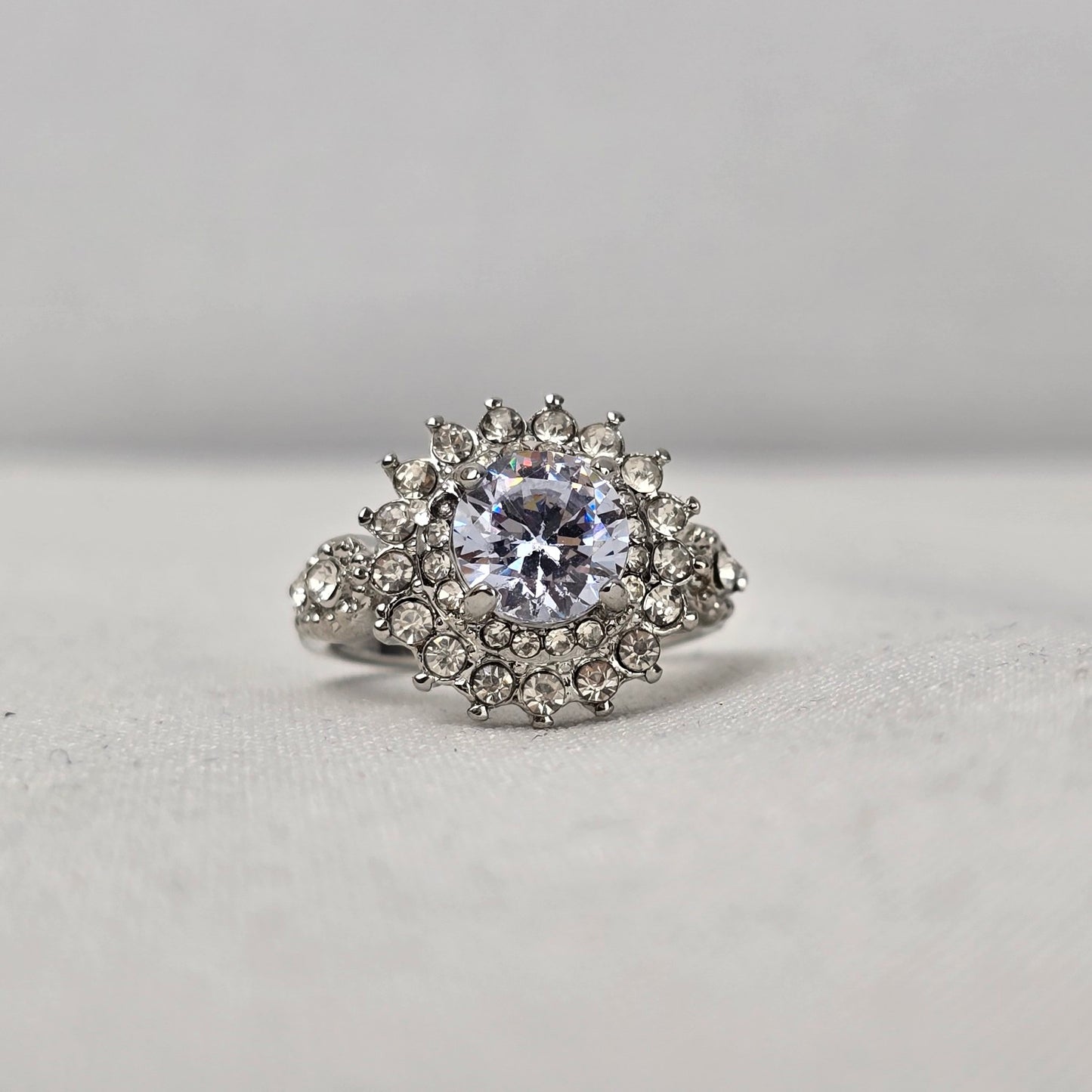Silver Tone Crystal Statement Ring Size 8