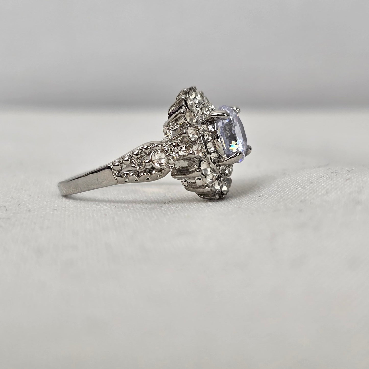 Silver Tone Crystal Statement Ring Size 8