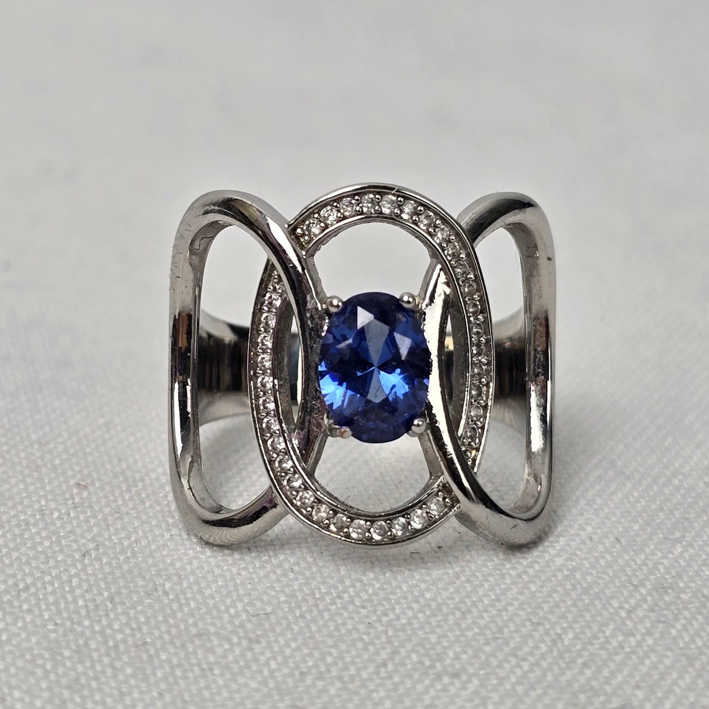 Silver Tone Blue Stone Statement Ring Size 9
