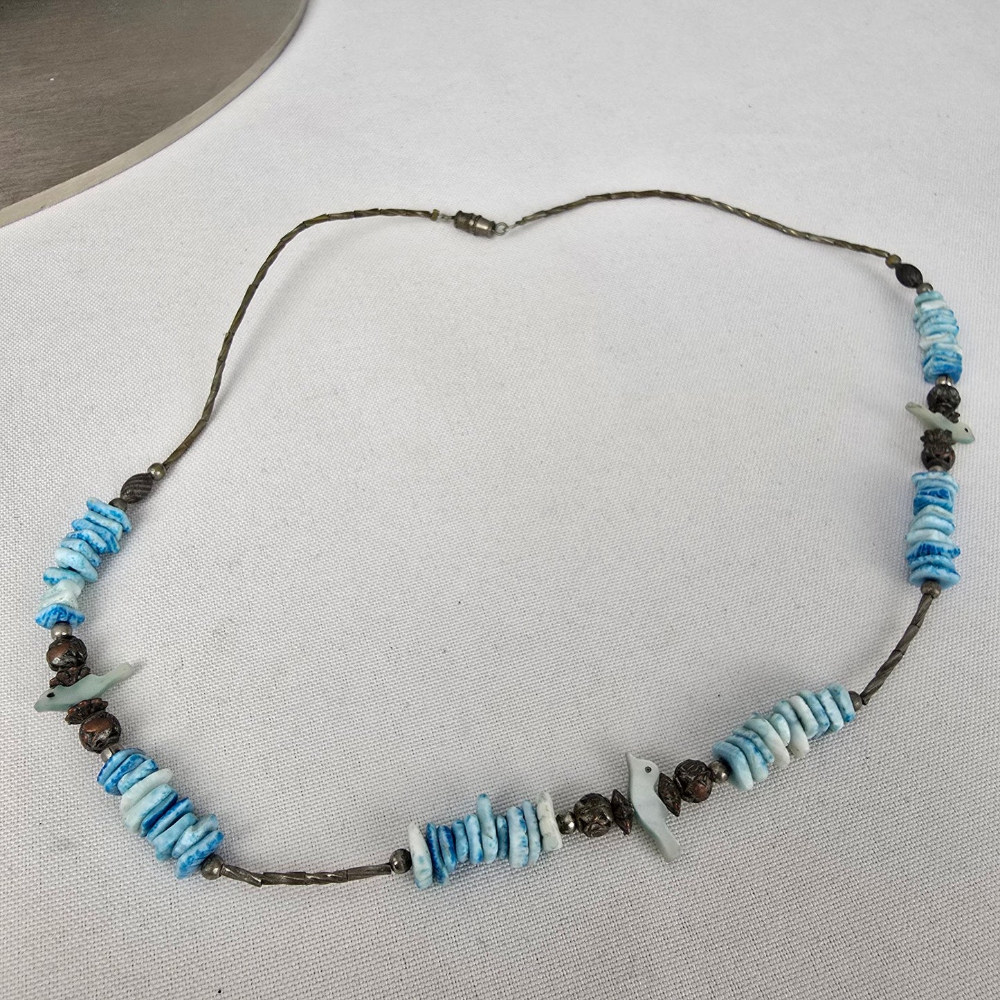 Vintage Silver Beaded Blue Sea Shell Bird Detail Necklace
