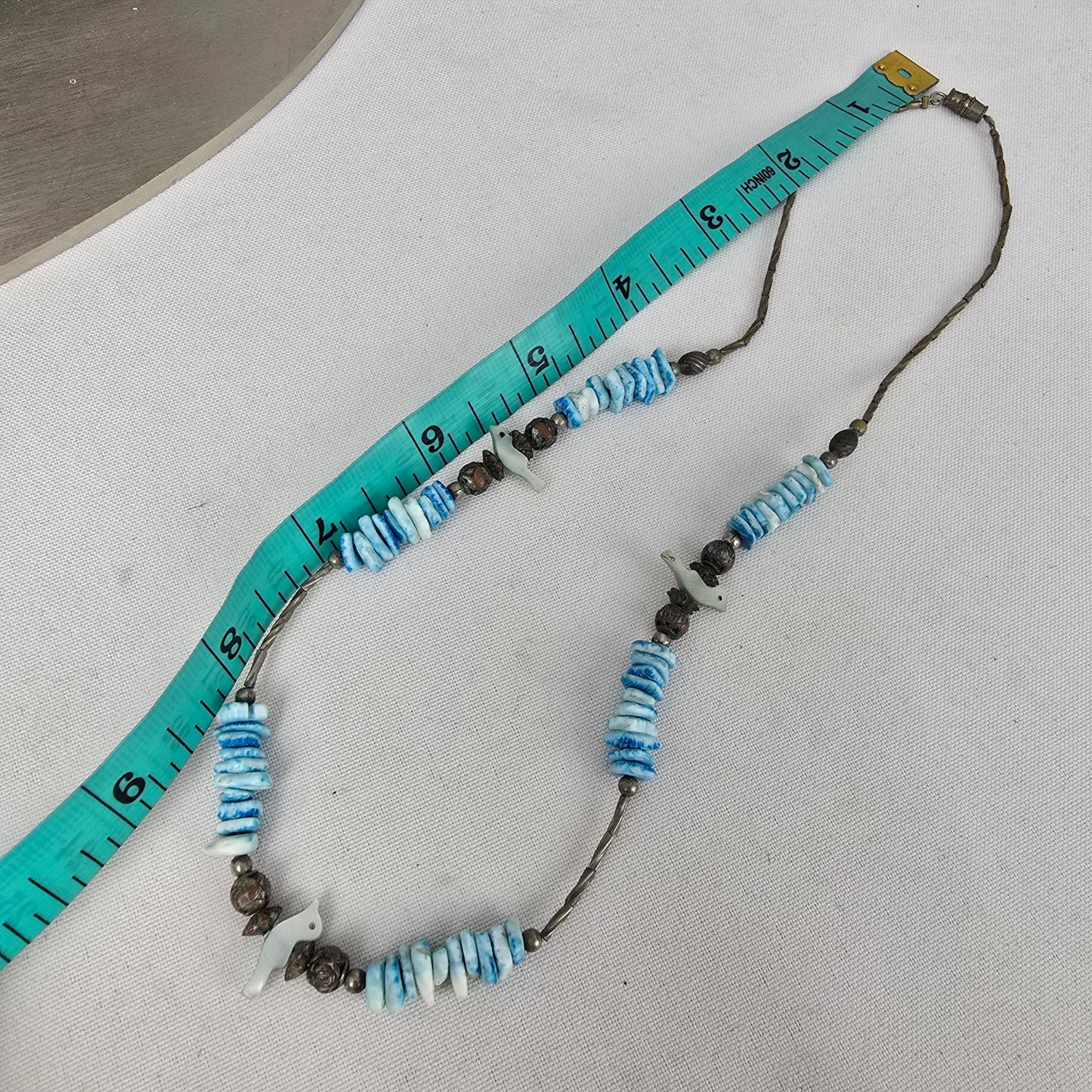 Vintage Silver Beaded Blue Sea Shell Bird Detail Necklace