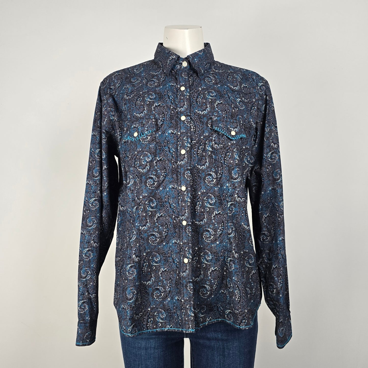 Rough Stock Blue Cotton Paisley Pearl Snap Western Top Size L