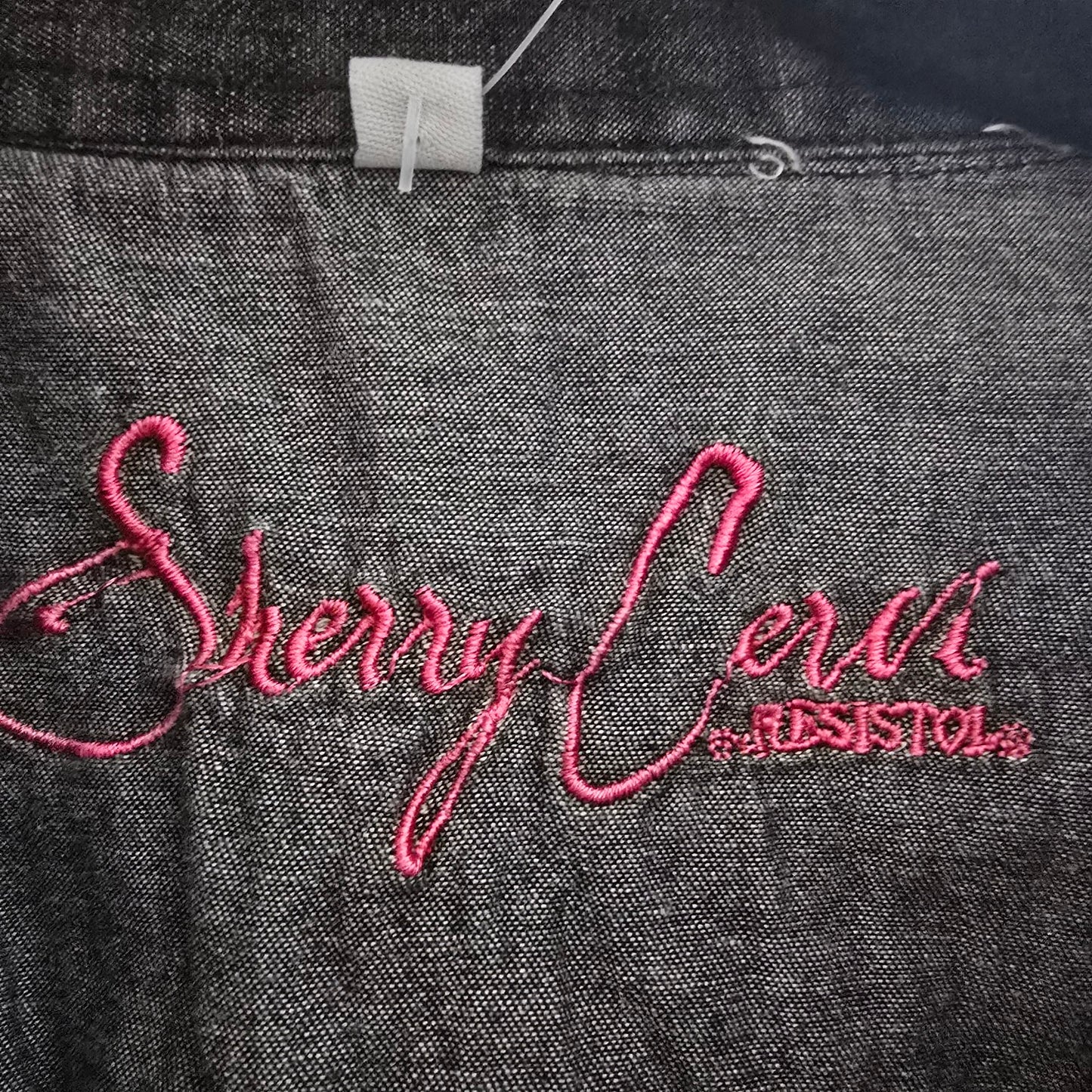 Sherrry Cervi Black Cotton Denim Embroidered Back Button Up Top Size L