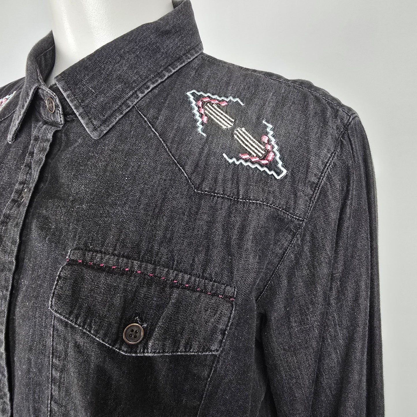 Sherrry Cervi Black Cotton Denim Embroidered Back Button Up Top Size L