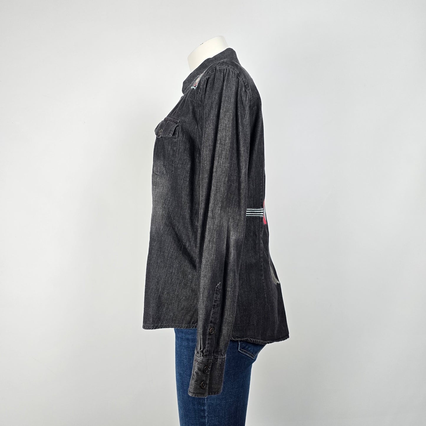 Sherrry Cervi Black Cotton Denim Embroidered Back Button Up Top Size L