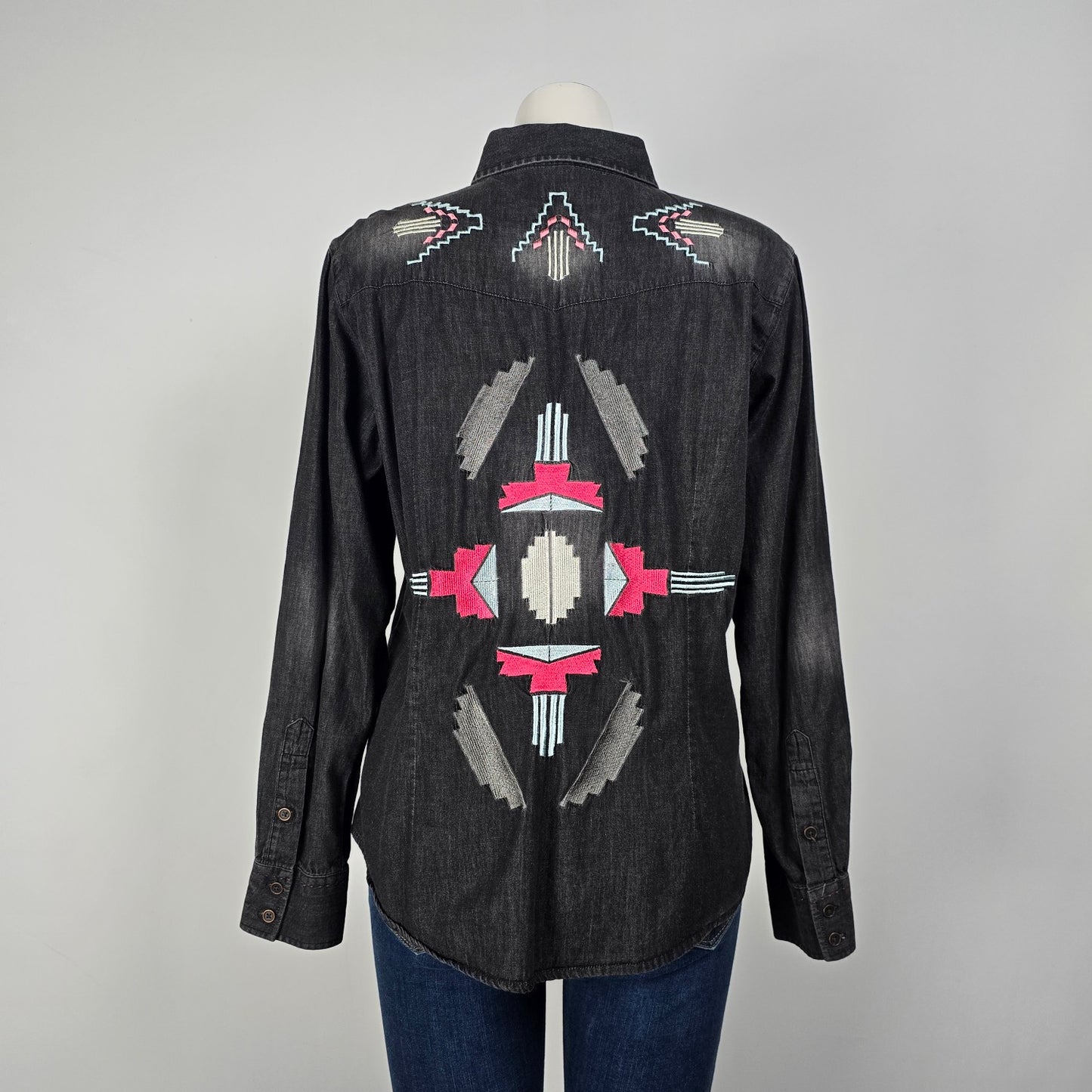 Sherrry Cervi Black Cotton Denim Embroidered Back Button Up Top Size L
