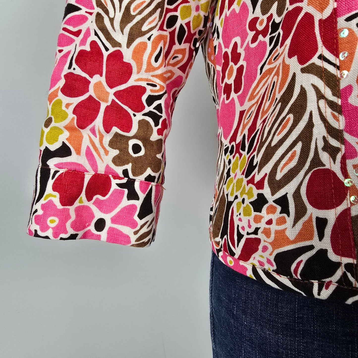 Patrick Christopher Pink Floral Linen Button Up light Jacket Size M