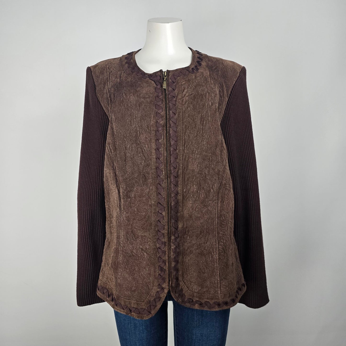 Peter Nygard Brown Knit Suede Zip Up Jacket Size L