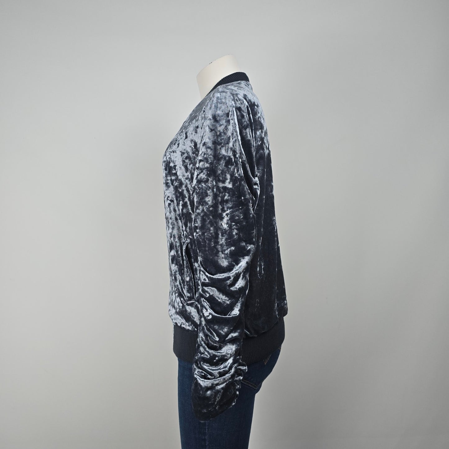 Listicle Grey Velvet Ruched Sleeve Zip Front Bomber Jacket Size M