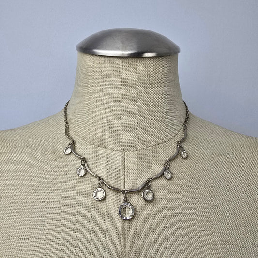Vintage Silver Tone Bezel Set Crystal Chandelier Necklace