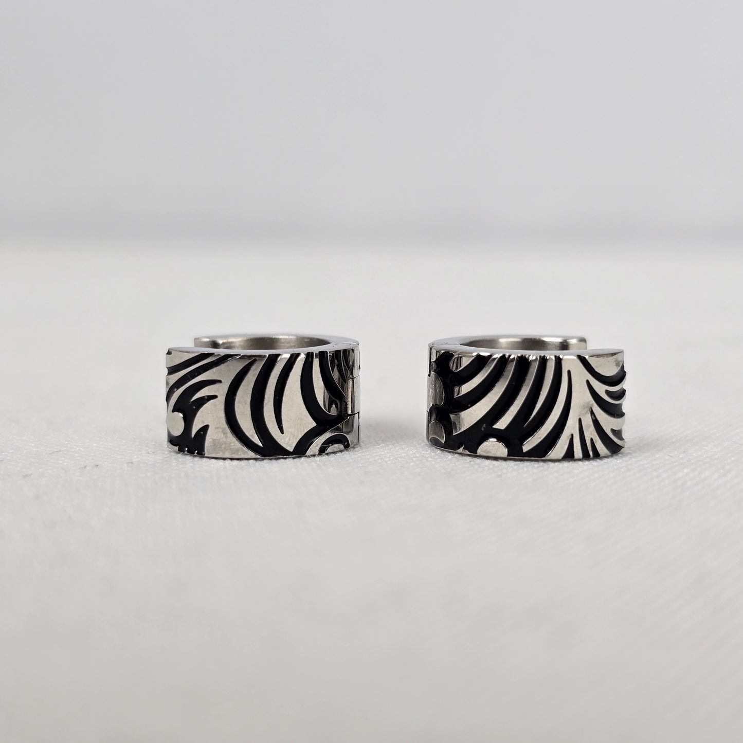 Silver Tone Black Etched Hoop Earrings