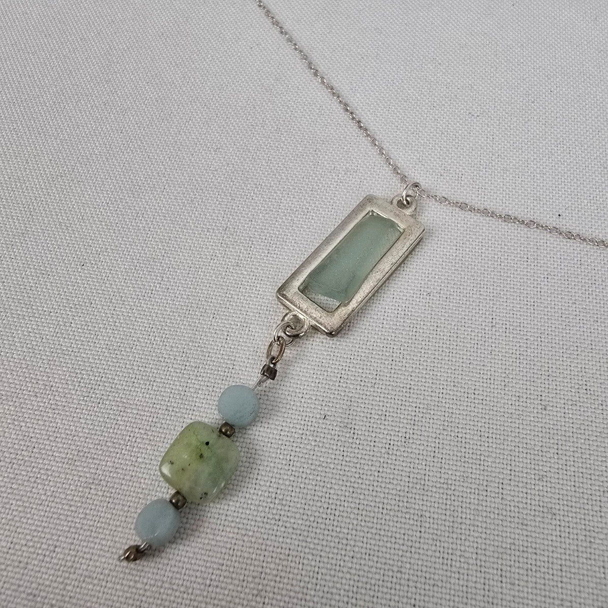 925 Sterling Sea Glass Pendant Beaded Chain Necklace