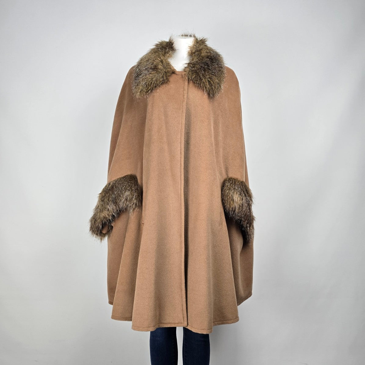 Adrienne Landau Brown Cape Faux Fur Trimmed Jacket Size XL