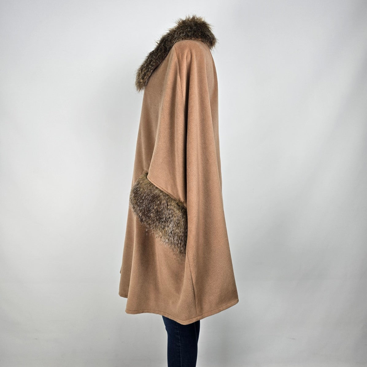 Adrienne Landau Brown Cape Faux Fur Trimmed Jacket Size XL